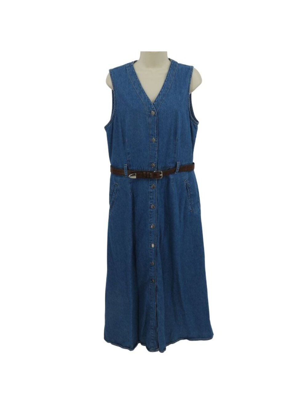 Gloria Vanderbilt Women Medium Cotton Blue Denim Jean V Neck Button Dress Belted